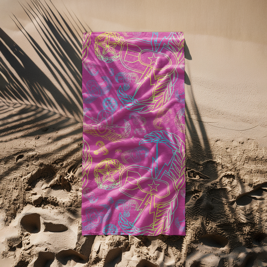 Print On Demand  - Beach Towel - "EOD Mixed Badges" (Multicolor on Pink)